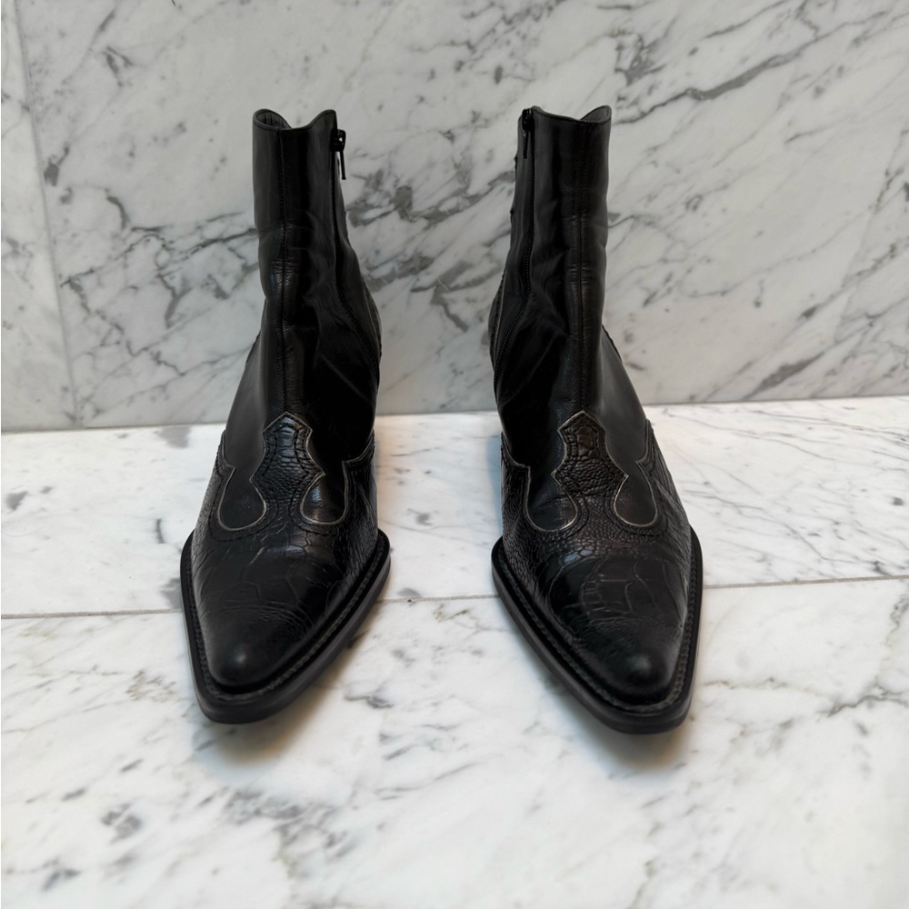 Vintage Franco Sarto Black Leather Animal Print Heeled Boots - Picture 2 of 9